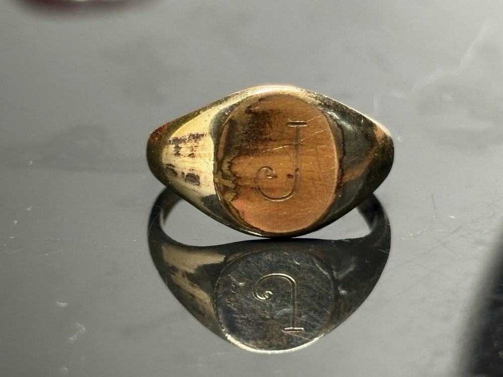 10K Yellow Gold Filled Oval Signet Ring Engraved Initial J Size 3.5 For Child